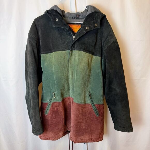Outbrook VTG Y2K Suede Leather Colorblock Hooded Jacket Women’s L Green Rust - Picture 1 of 8